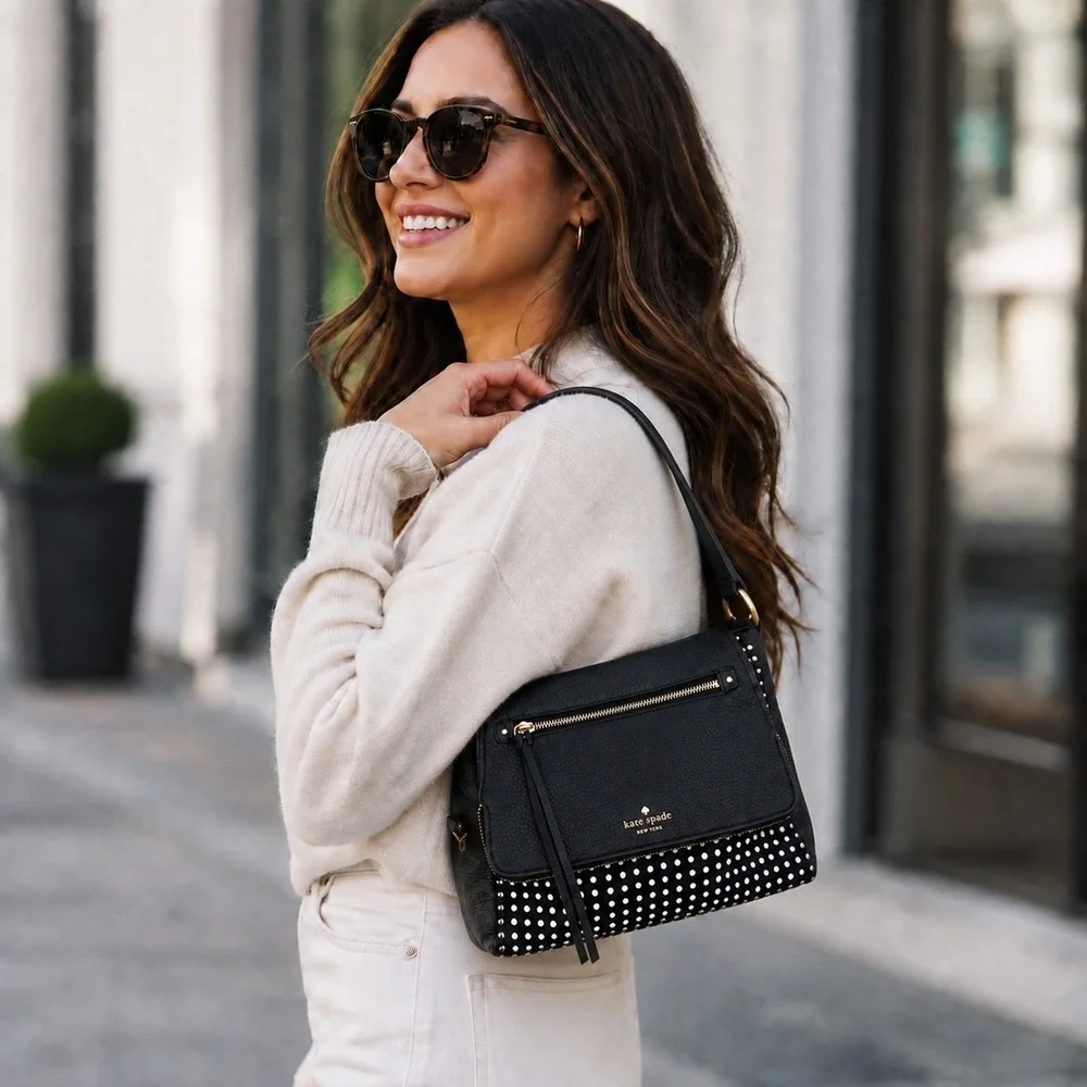 Kate Spade Cobble Hill Little Minka Shoulder Bag Black Leather White Polka Dot